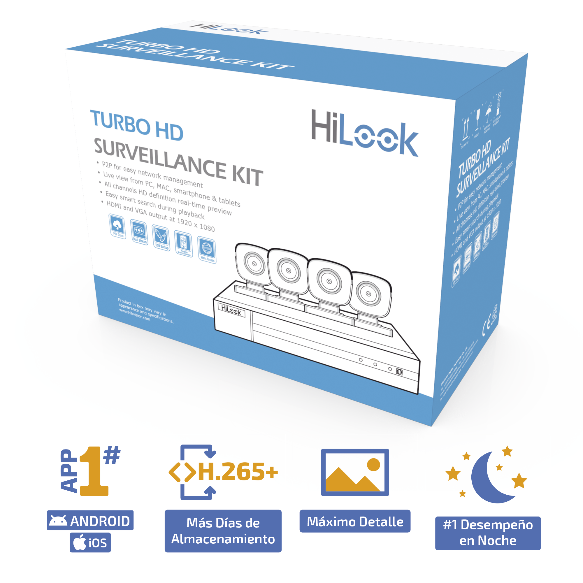 KIT TurboHD 1080p / DVR 4 canales / 4 Cámaras Bala de Metal / H.265+ / 1 Fuente de Poder Profesional / Accesorios de Instalación